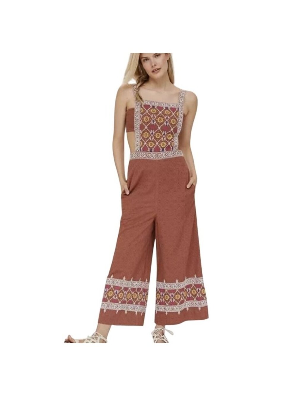 Anthropologie Women's Wide Leg Jumpsuit Size XS Brown Floral Embroidered Cut Out